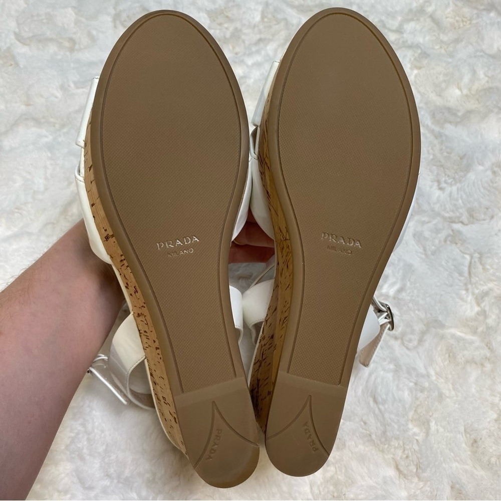 Prada White Patent Leather Criss Cross Ankle Strap Cork Wedge Sandals Size 39 - Picture 12 of 16